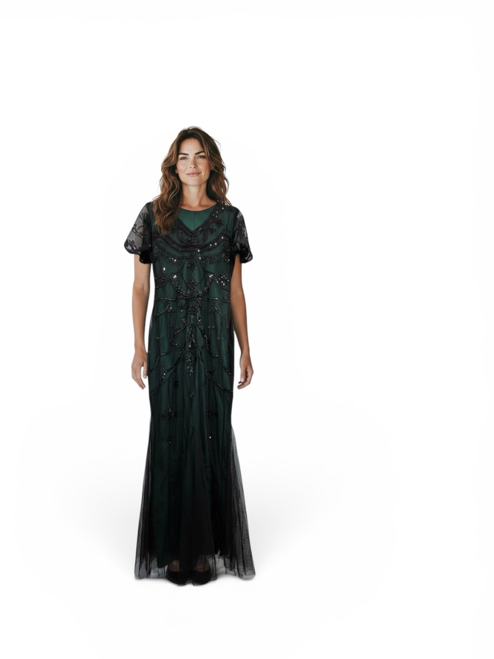 Embellished Dark Green Maxi Dress with Black Beaded Overlay